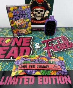 Bone Head x Fidels 2G live resin and liquid diamonds disposable vape with infused gummies.